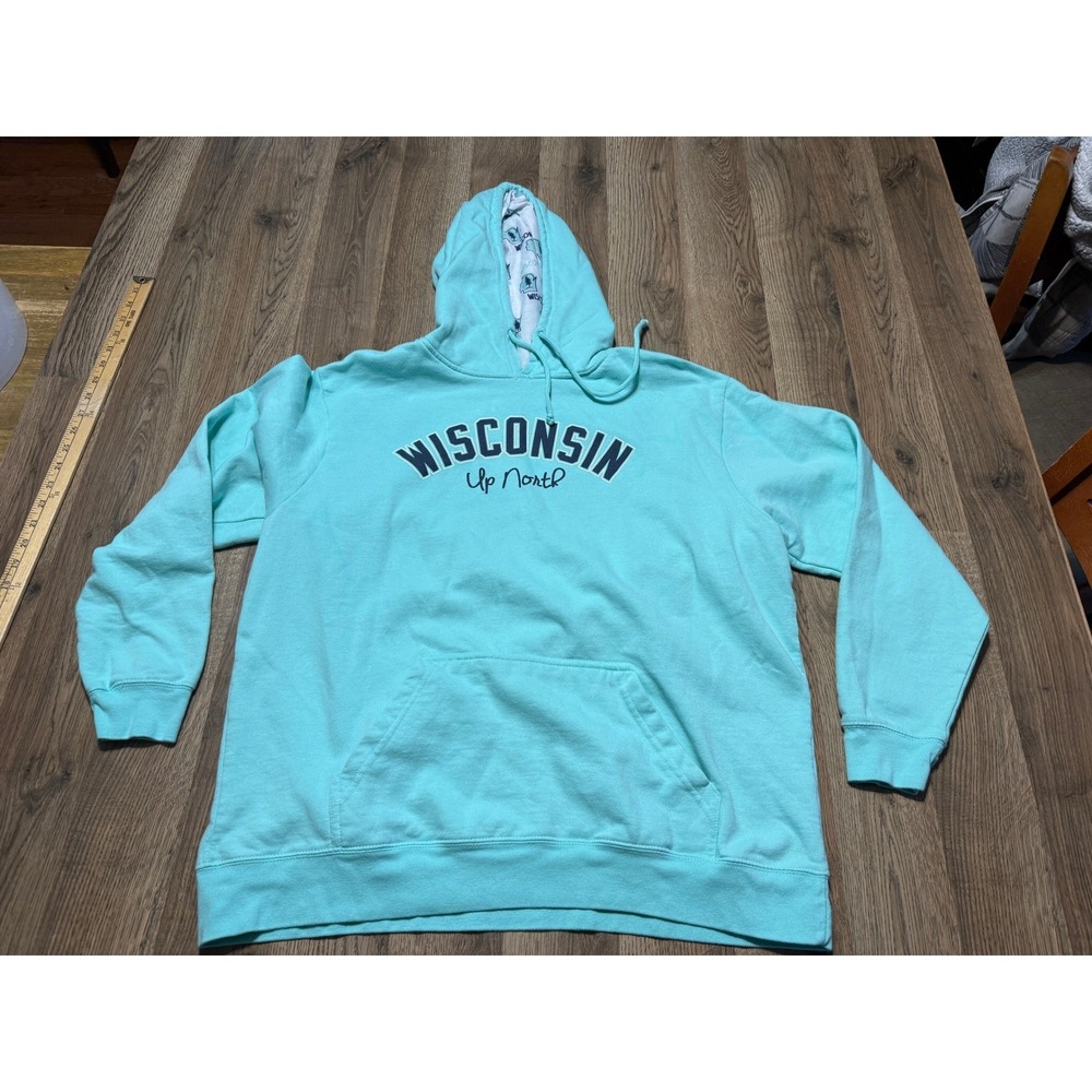 Artisans Hoodie Mens XL Teal Blue Wisconsin Up North Graphic Pullover Excellent